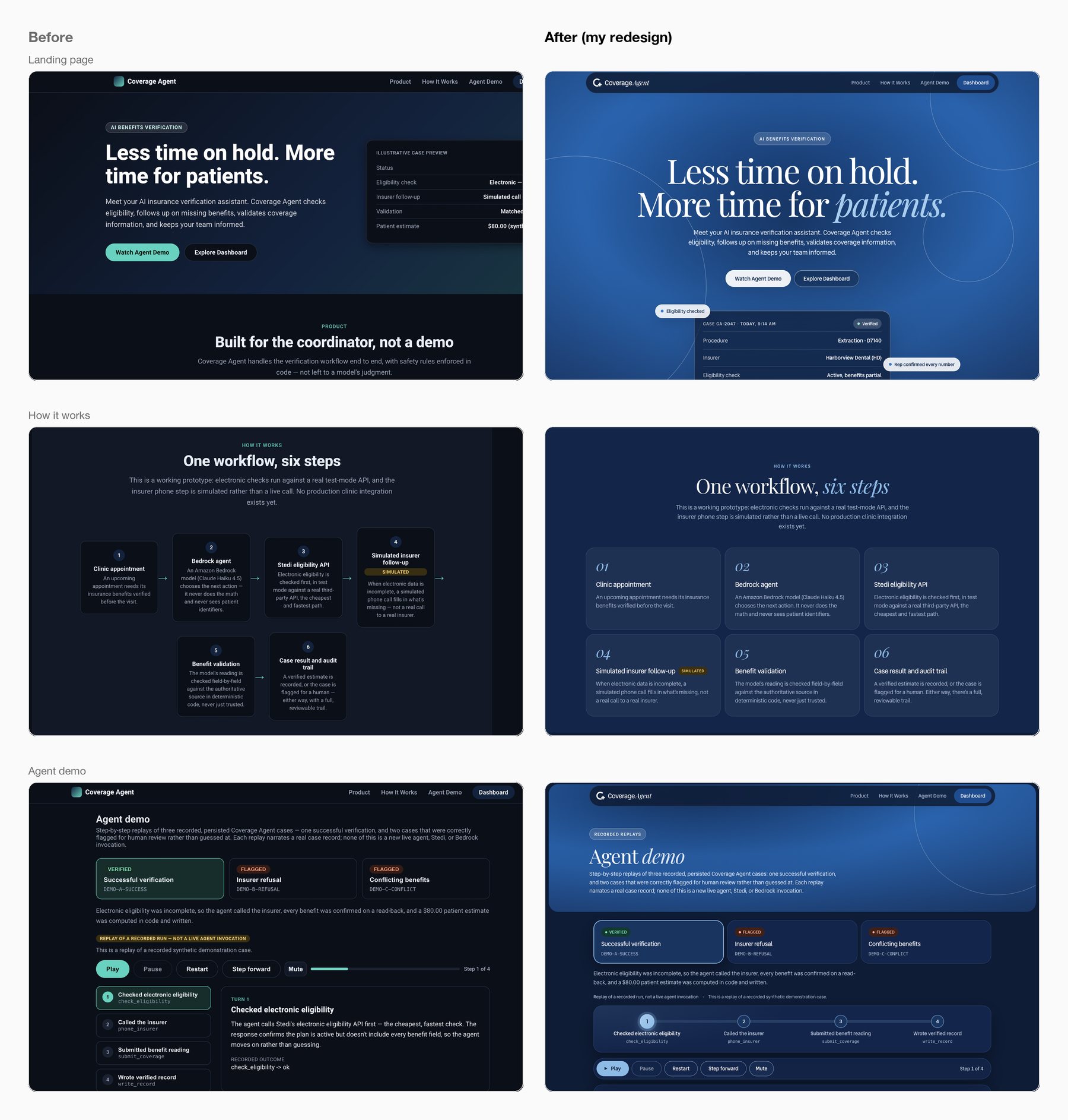 Before and after: the original dark Coverage Agent UI next to the redesigned UI, for the landing page, how it works and agent demo