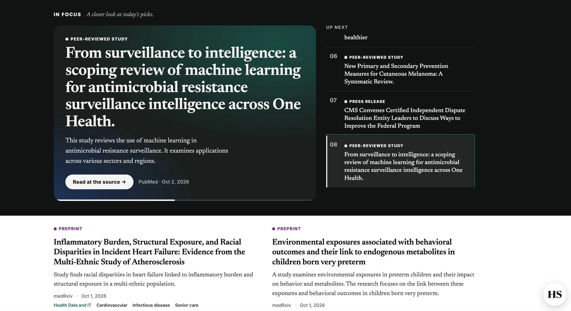 HealthSurface In focus brief with source-type labels on every story