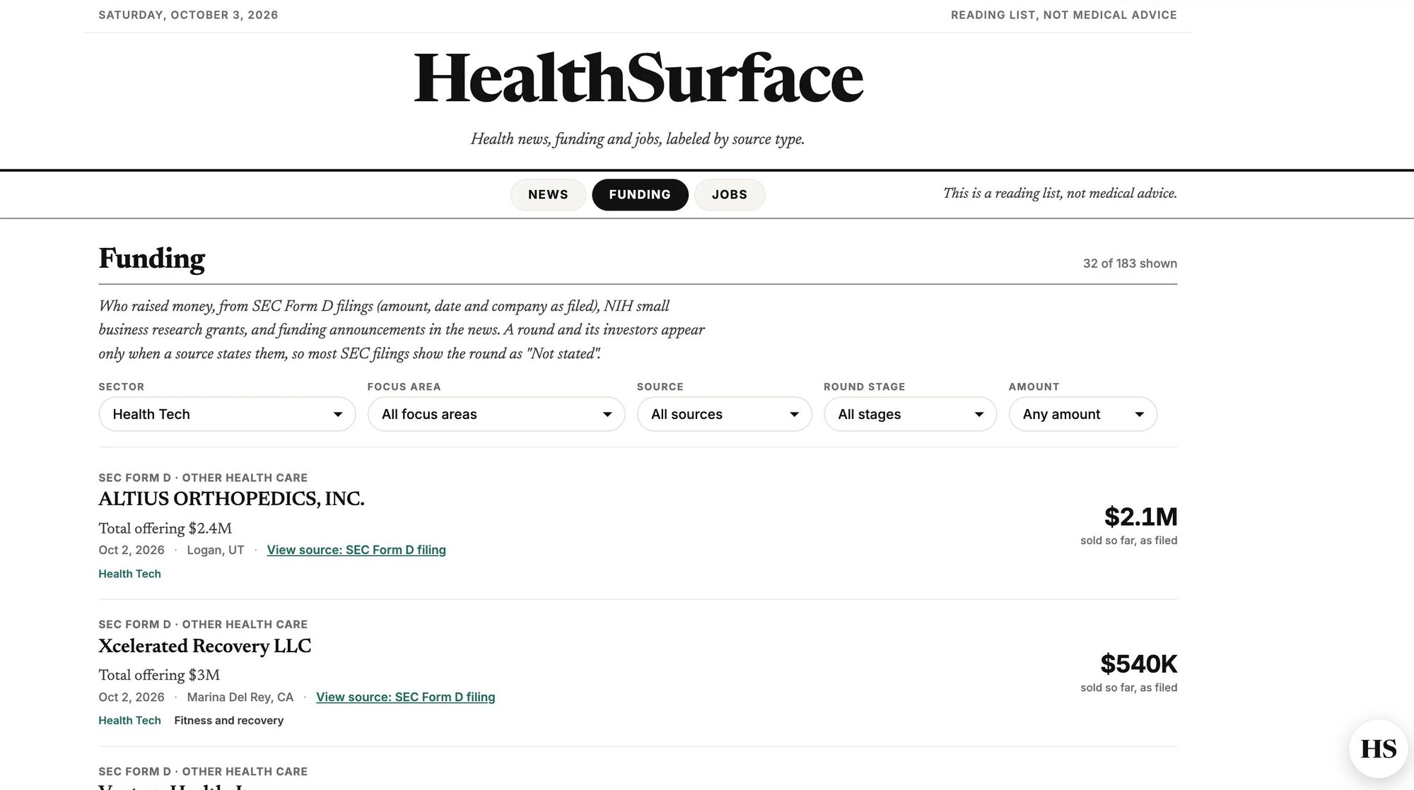 HealthSurface Funding tab with SEC Form D filings filtered to Health Tech
