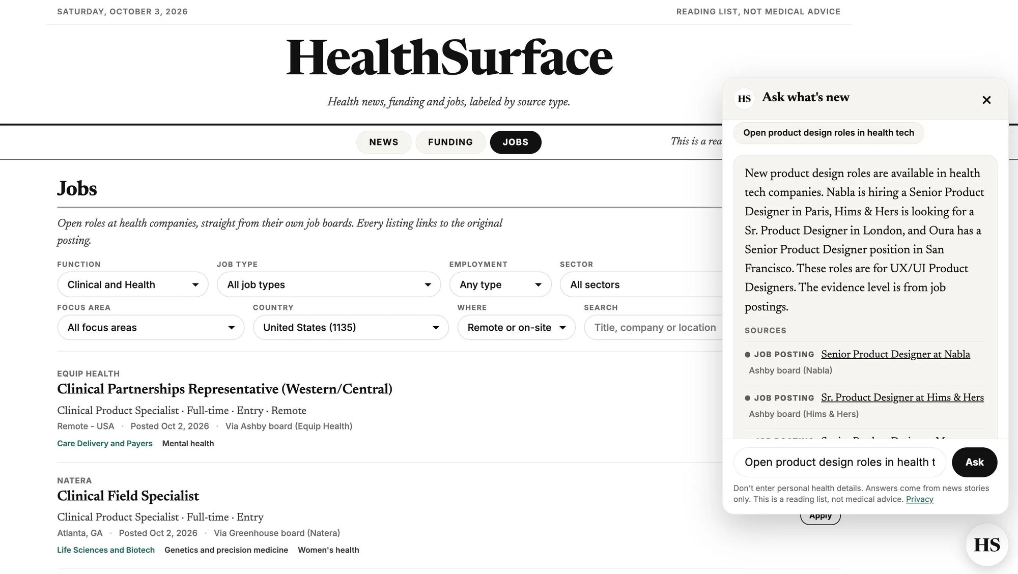 HealthSurface Jobs tab with the Ask what's new chat listing product design roles and their sources
