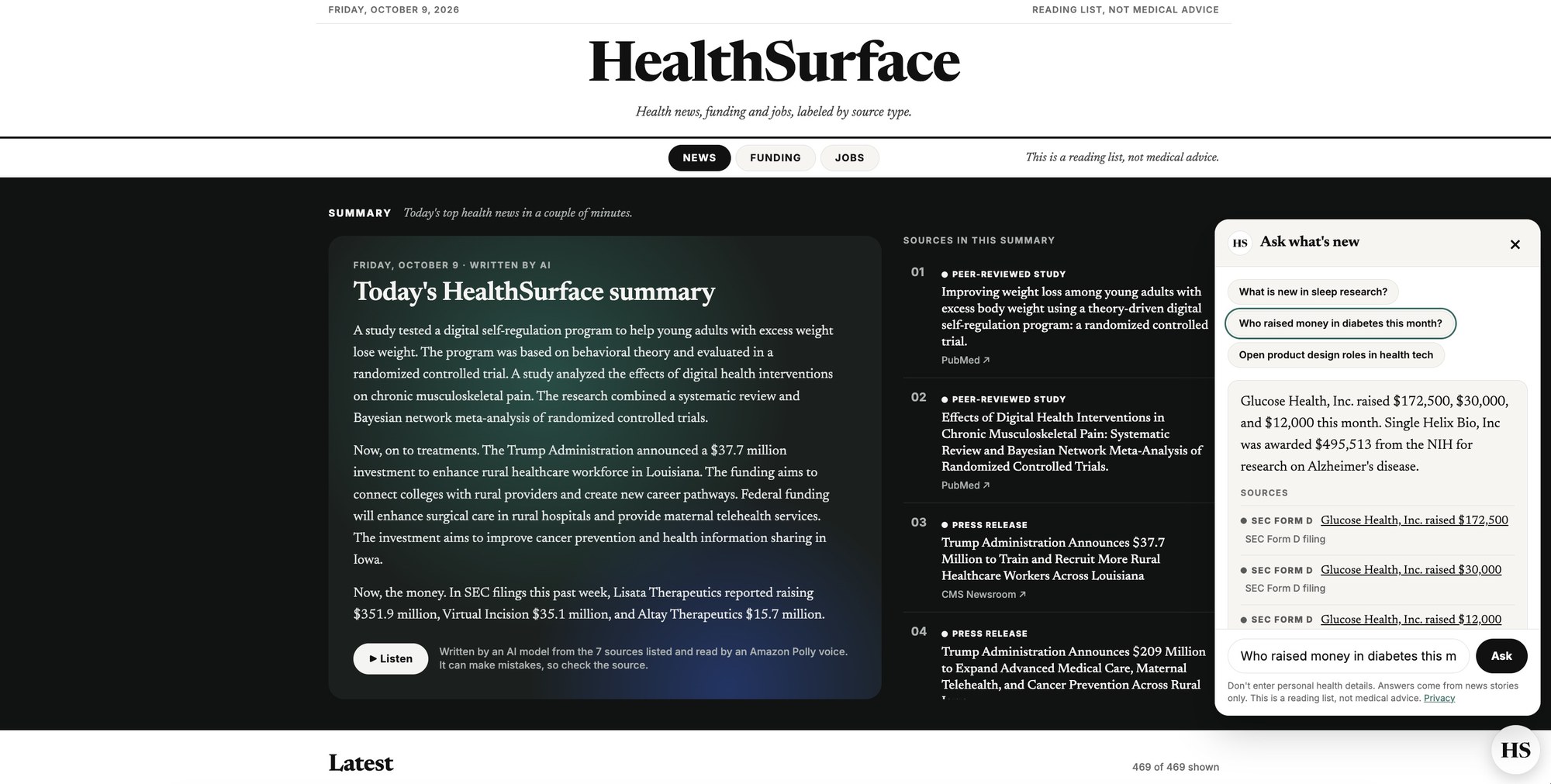 HealthSurface daily health news summary with the Ask what's new chat