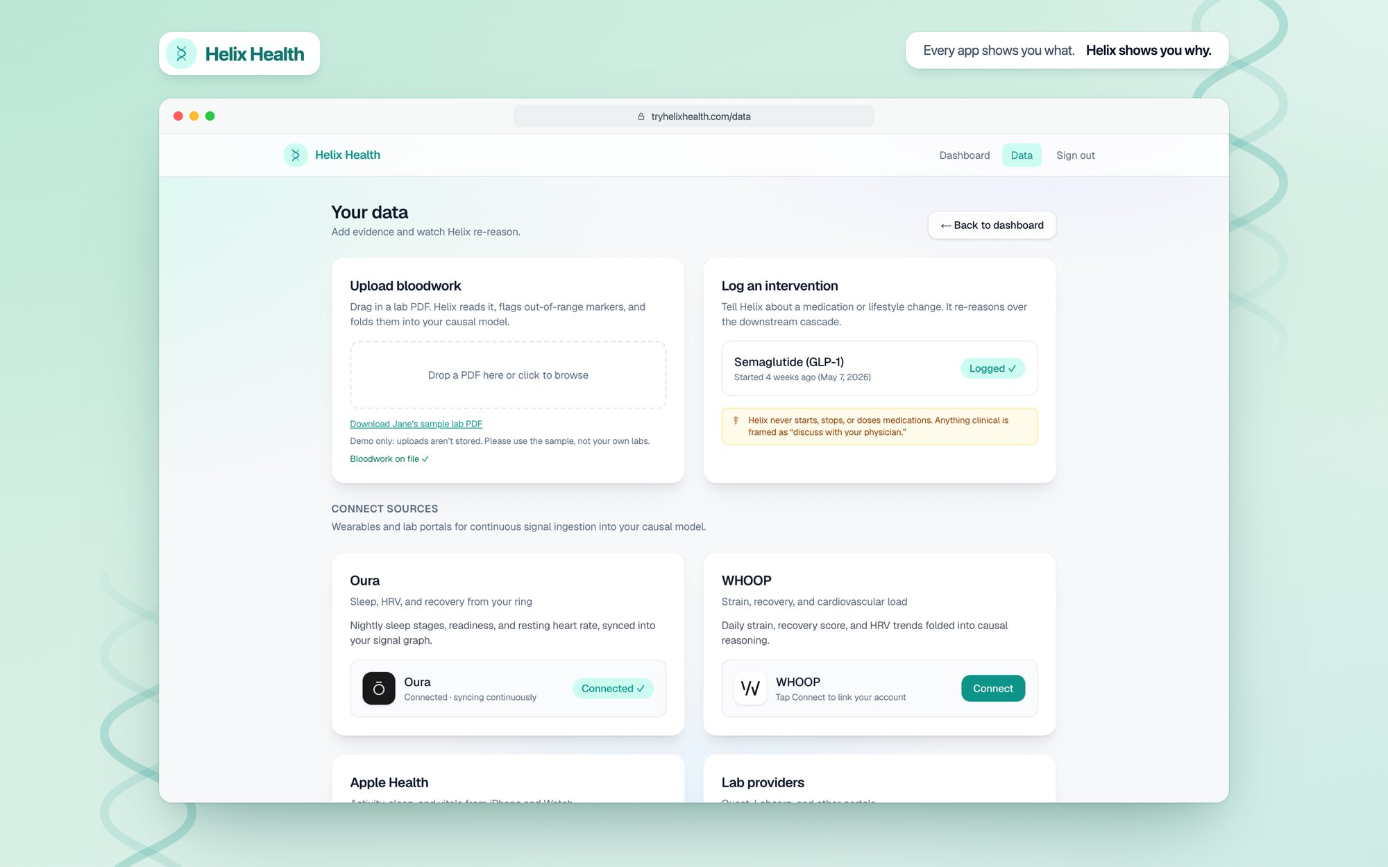 Helix Health data page: bloodwork upload, intervention logging and connected sources